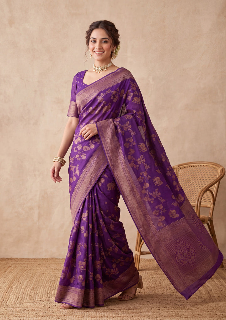 Purple Silk Jaal Saree With Matching Blouse Piece