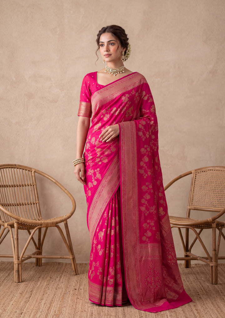 Rani Pink Silk Jaal Saree With Matching Blouse Piece