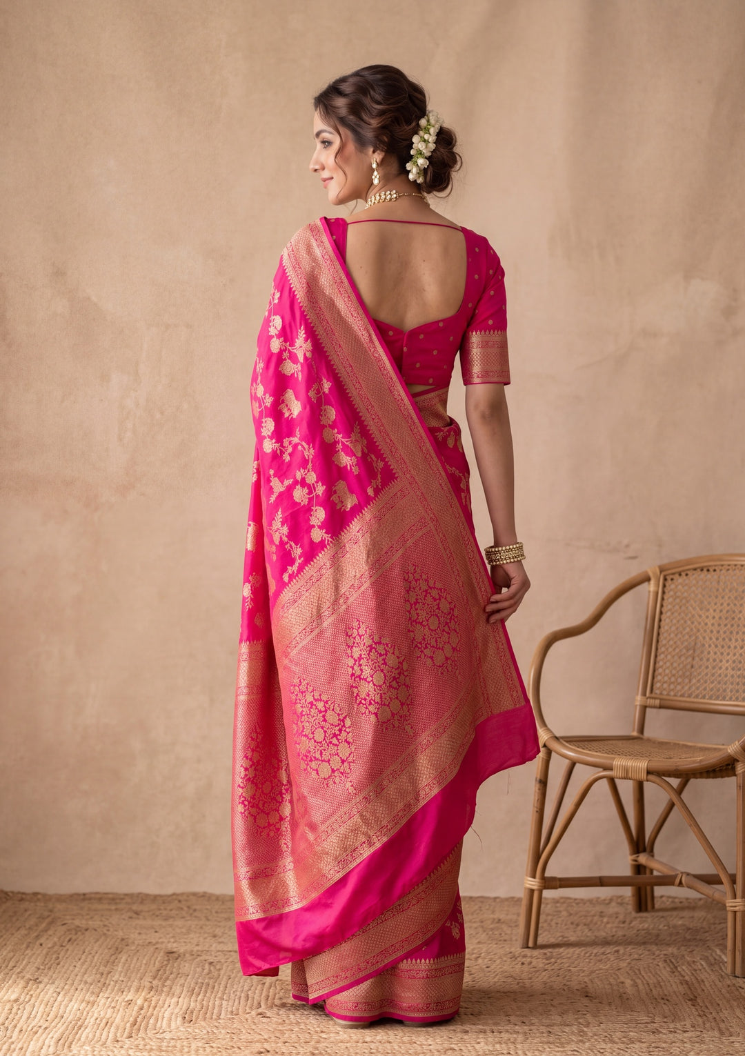 Rani Pink Silk Jaal Saree With Matching Blouse Piece