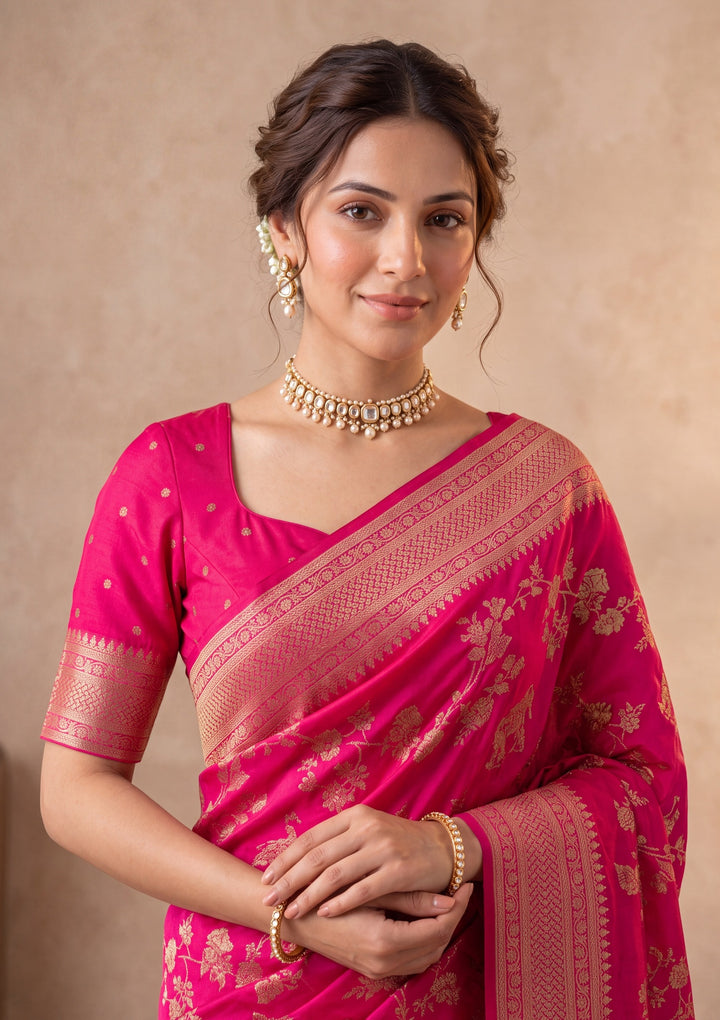 Rani Pink Silk Jaal Saree With Matching Blouse Piece