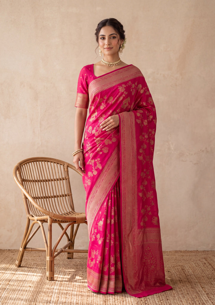 Rani Pink Silk Jaal Saree With Matching Blouse Piece