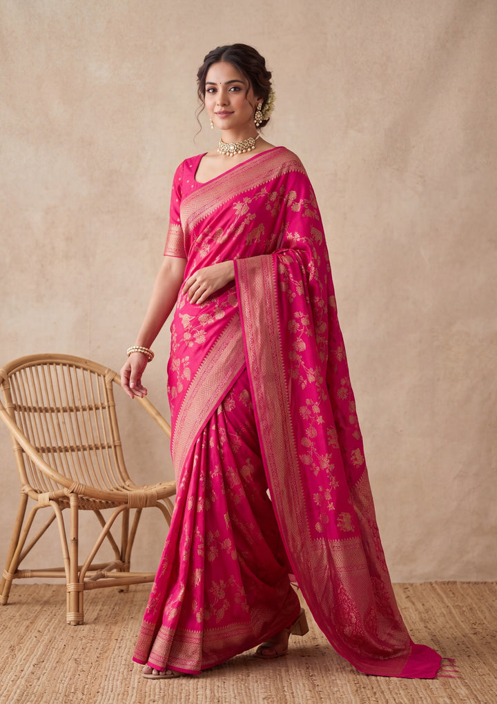 Rani Pink Silk Jaal Saree With Matching Blouse Piece