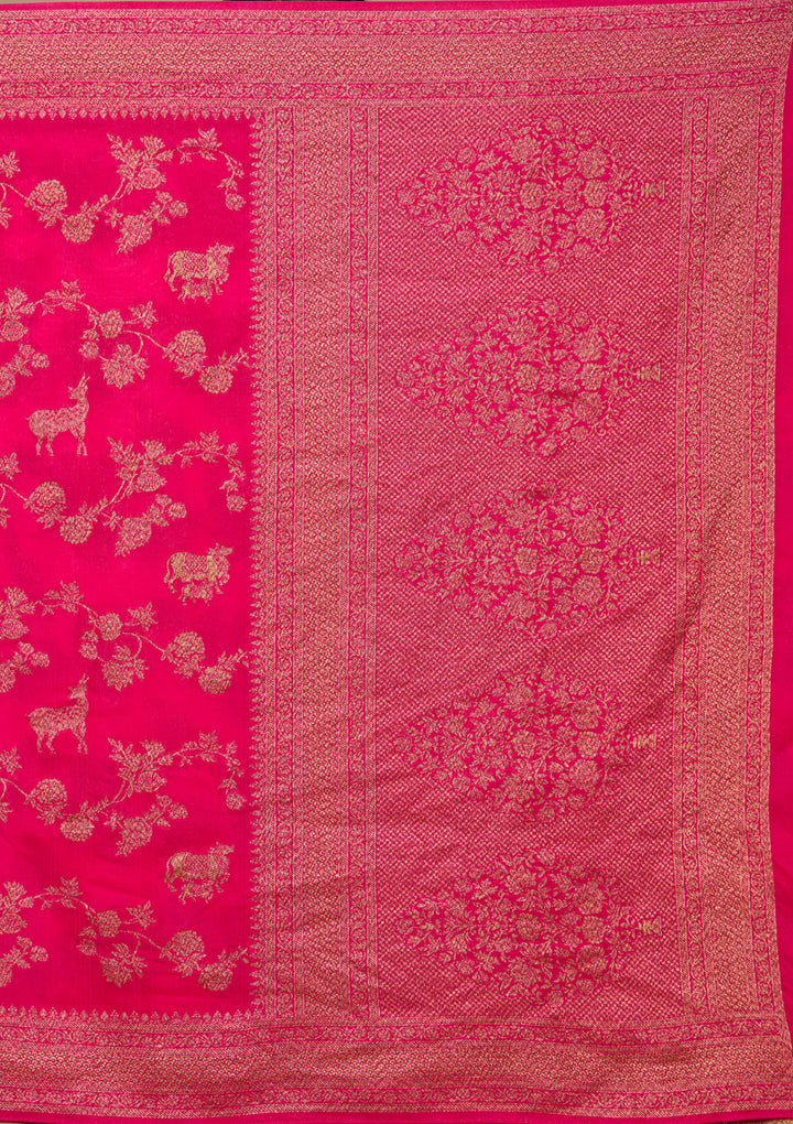 Rani Pink Silk Jaal Saree With Matching Blouse Piece