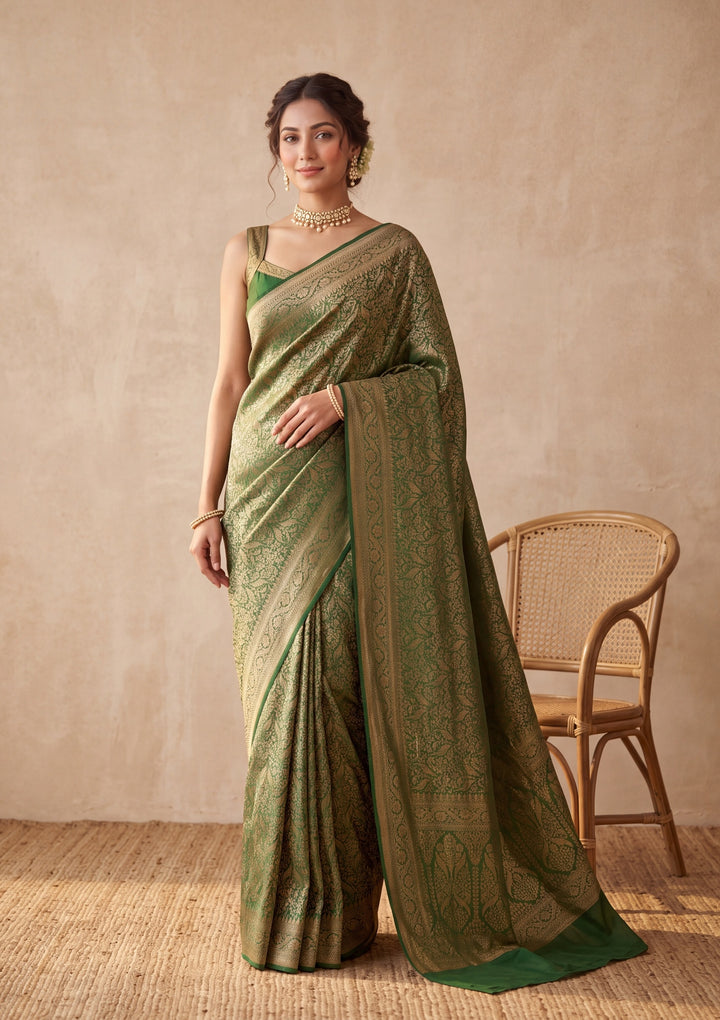 Bottle Green Silk Jaal Saree With Matching Blouse Piece