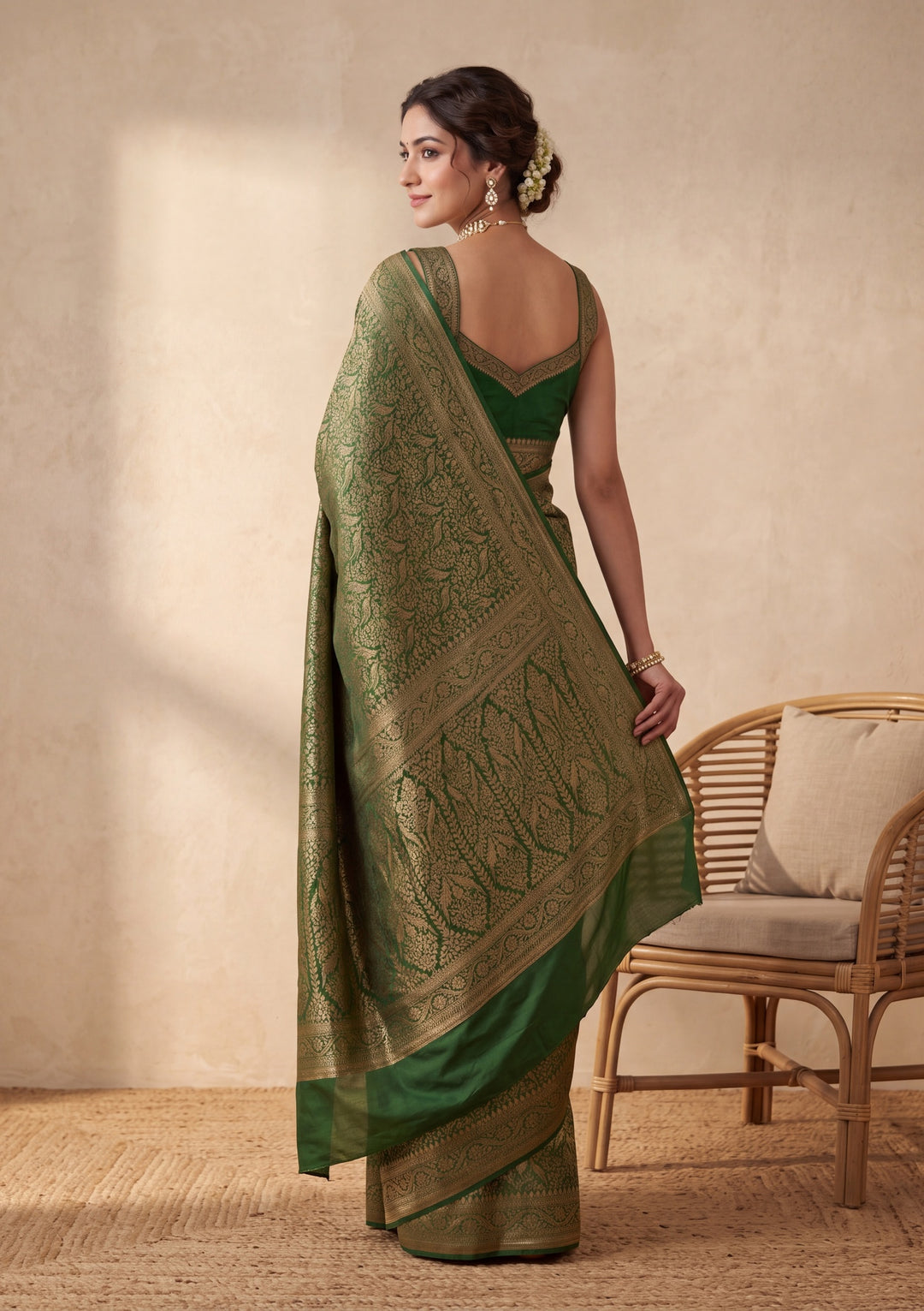 Bottle Green Silk Jaal Saree With Matching Blouse Piece