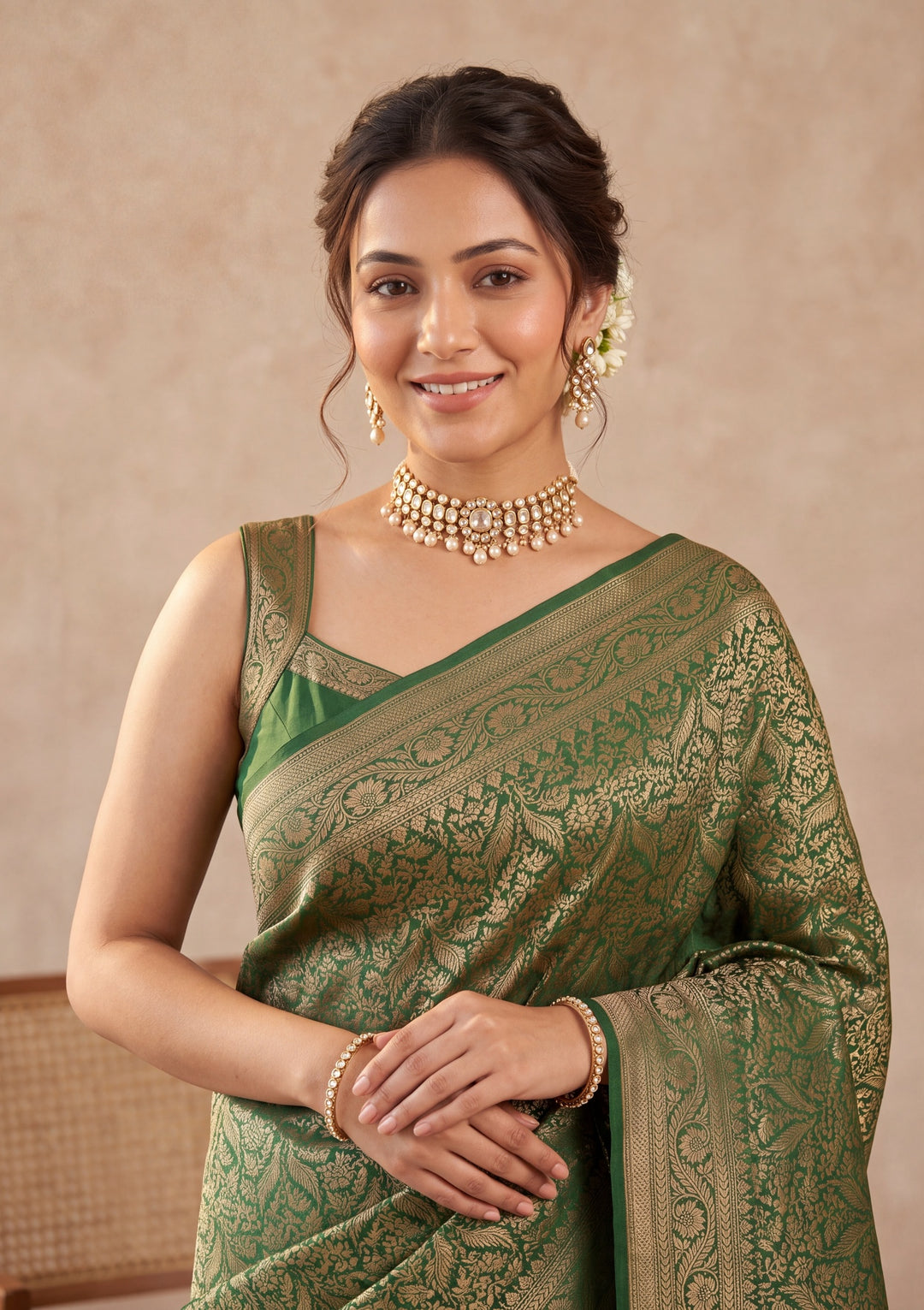 Bottle Green Silk Jaal Saree With Matching Blouse Piece