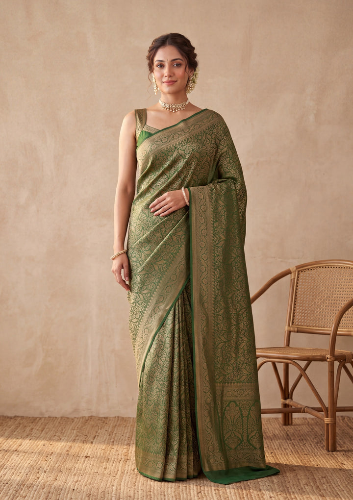 Bottle Green Silk Jaal Saree With Matching Blouse Piece