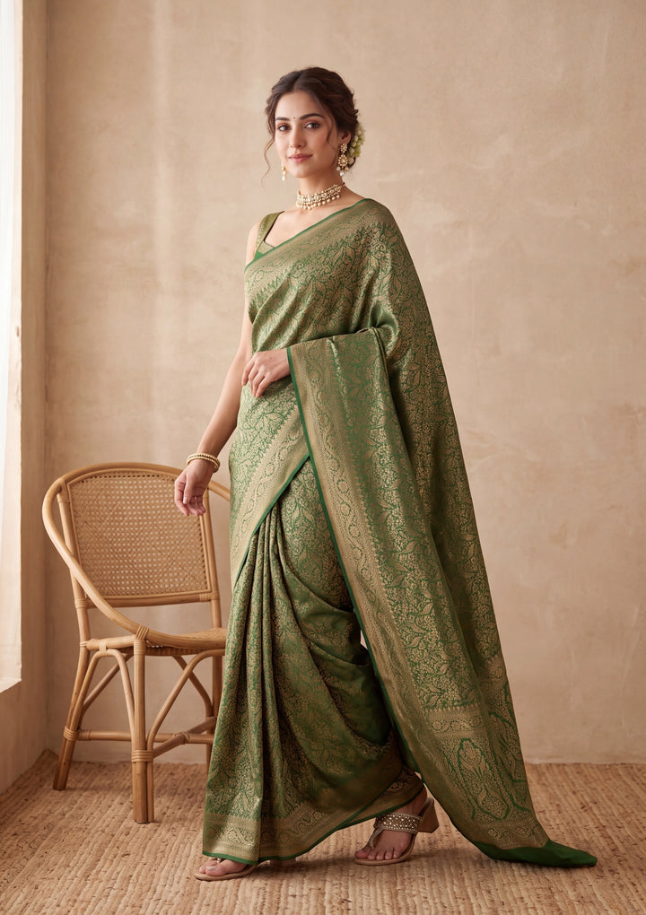 Bottle Green Silk Jaal Saree With Matching Blouse Piece