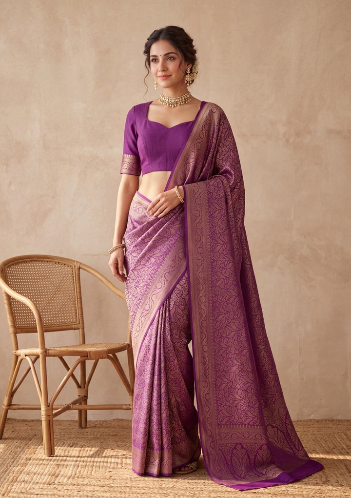 Purple Silk Jaal Saree With Matching Blouse Piece