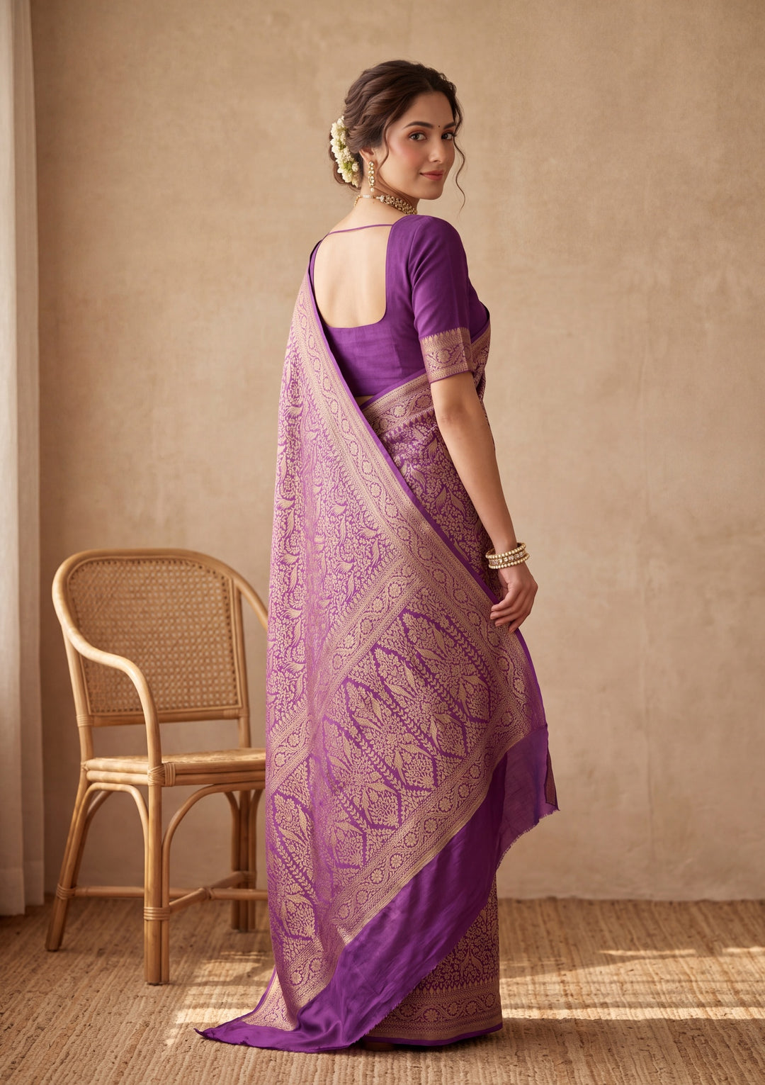 Purple Silk Jaal Saree With Matching Blouse Piece