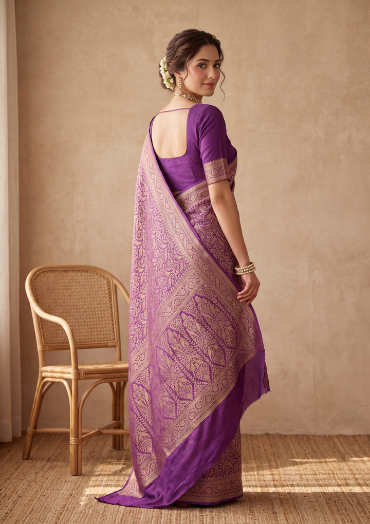 Purple Silk Jaal Saree With Matching Blouse Piece
