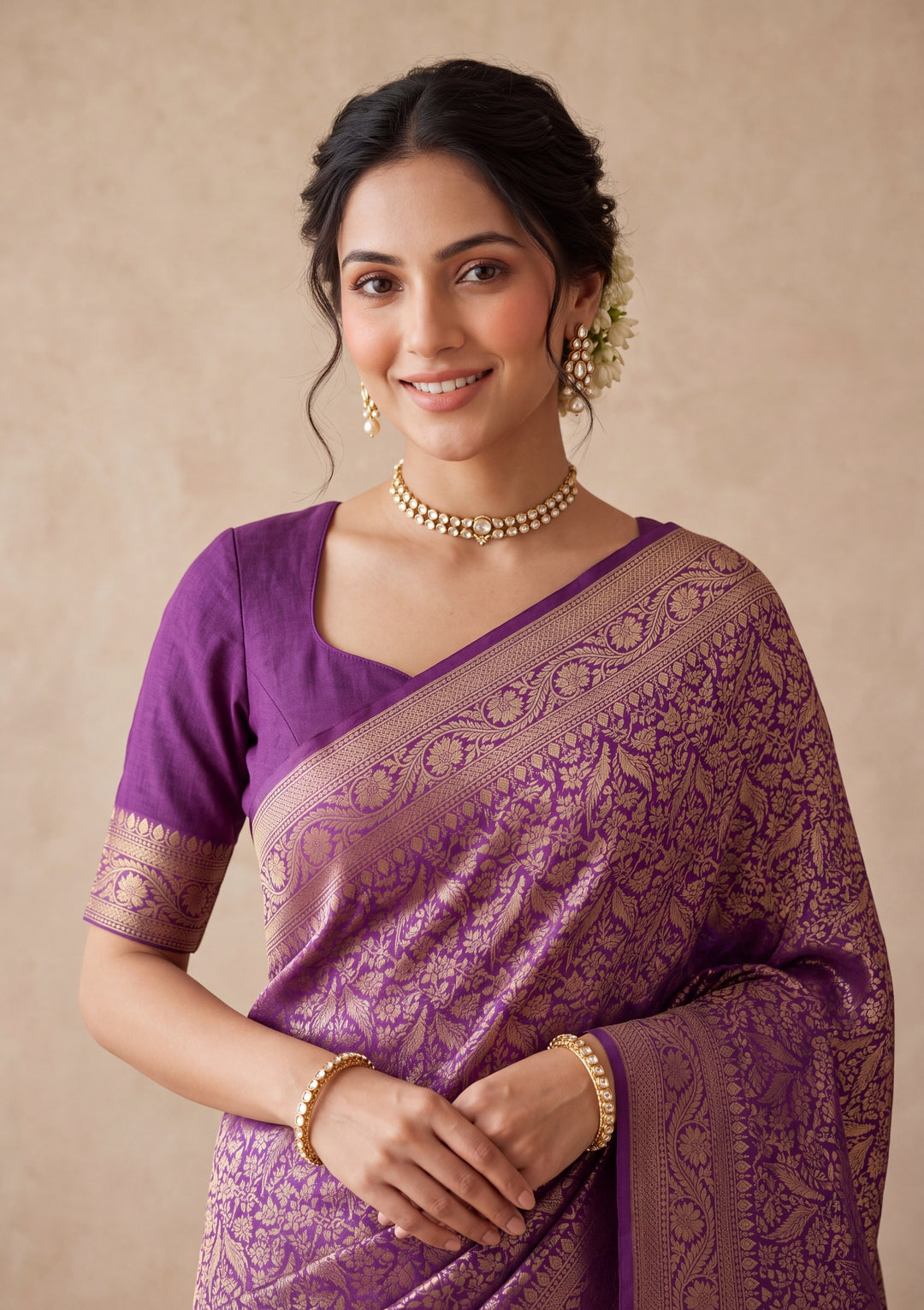 Purple Silk Jaal Saree With Matching Blouse Piece