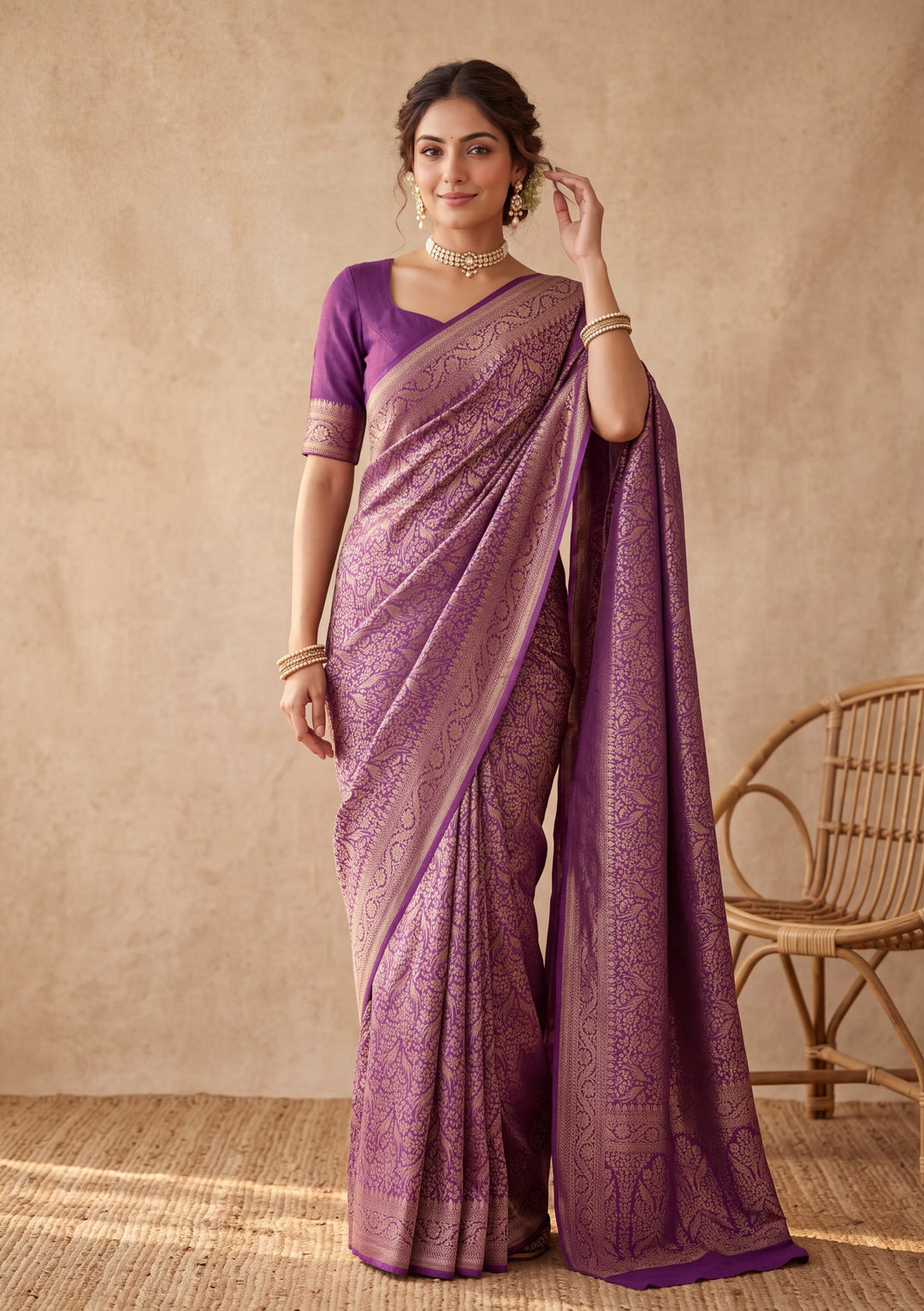 Purple Silk Jaal Saree With Matching Blouse Piece
