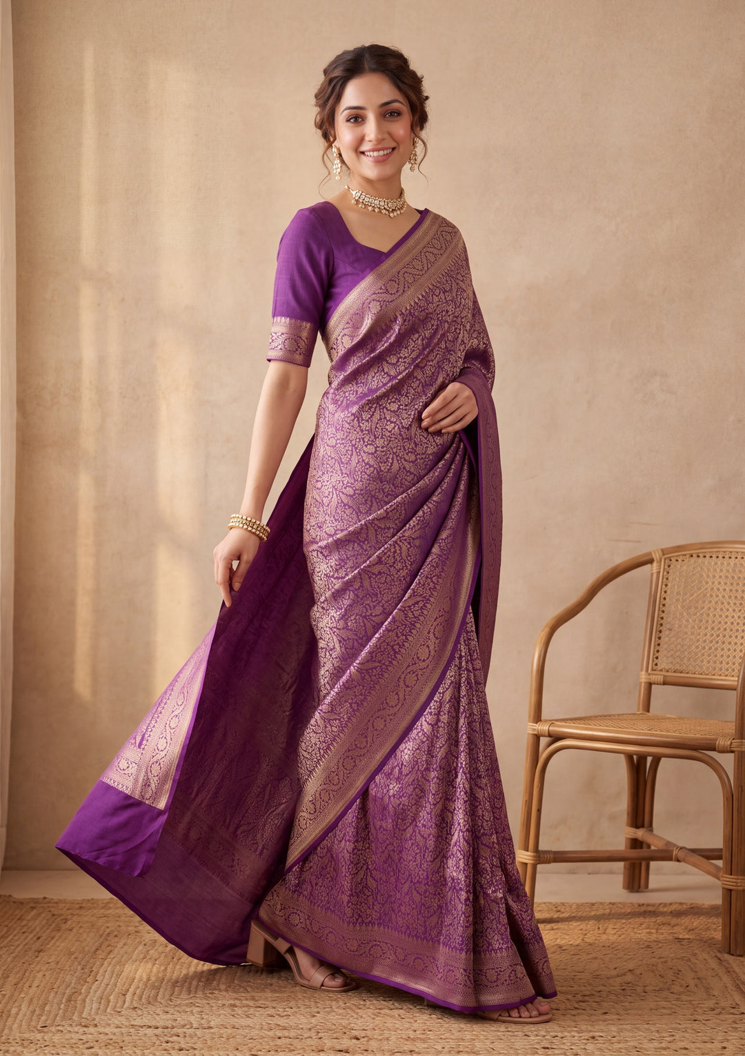 Purple Silk Jaal Saree With Matching Blouse Piece