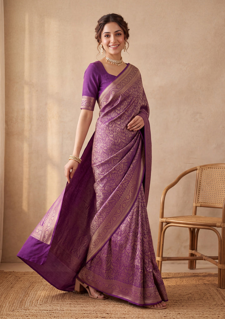 Purple Silk Jaal Saree With Matching Blouse Piece