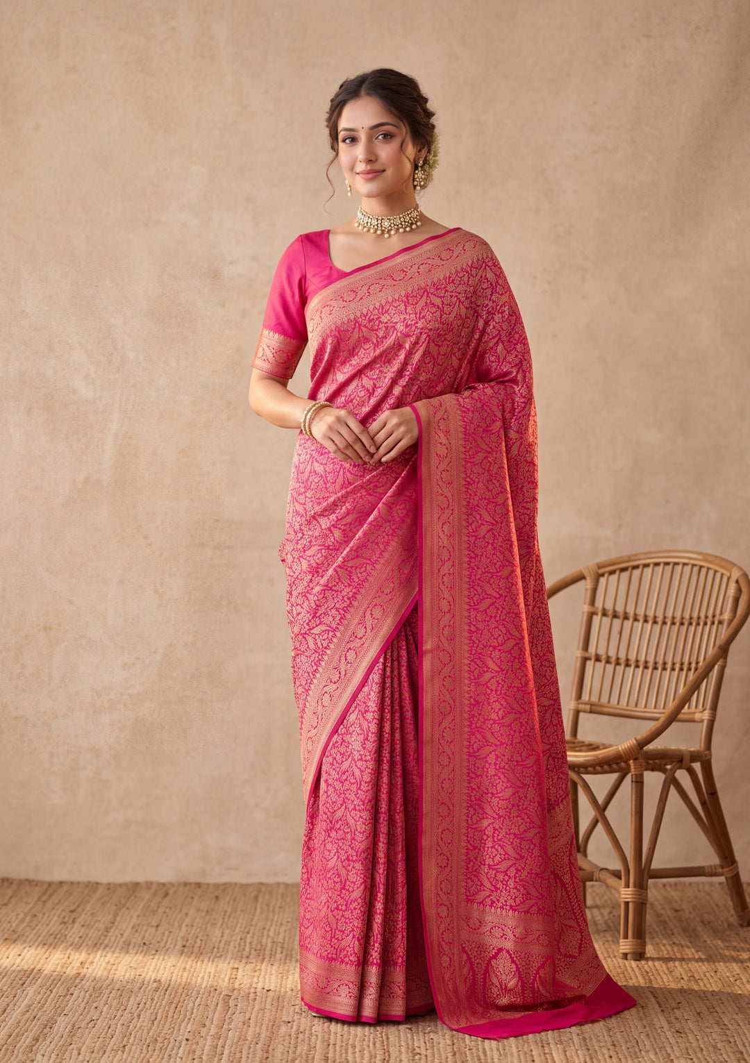 Rani Pink Silk Jaal Saree With Matching Blouse Piece