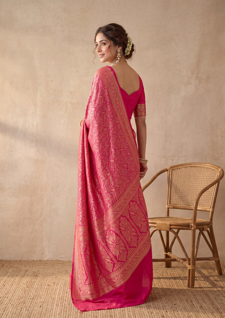 Rani Pink Silk Jaal Saree With Matching Blouse Piece