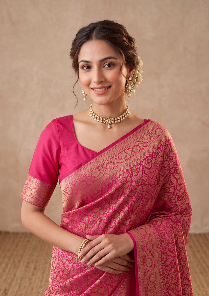 Rani Pink Silk Jaal Saree With Matching Blouse Piece