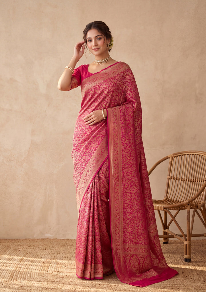 Rani Pink Silk Jaal Saree With Matching Blouse Piece