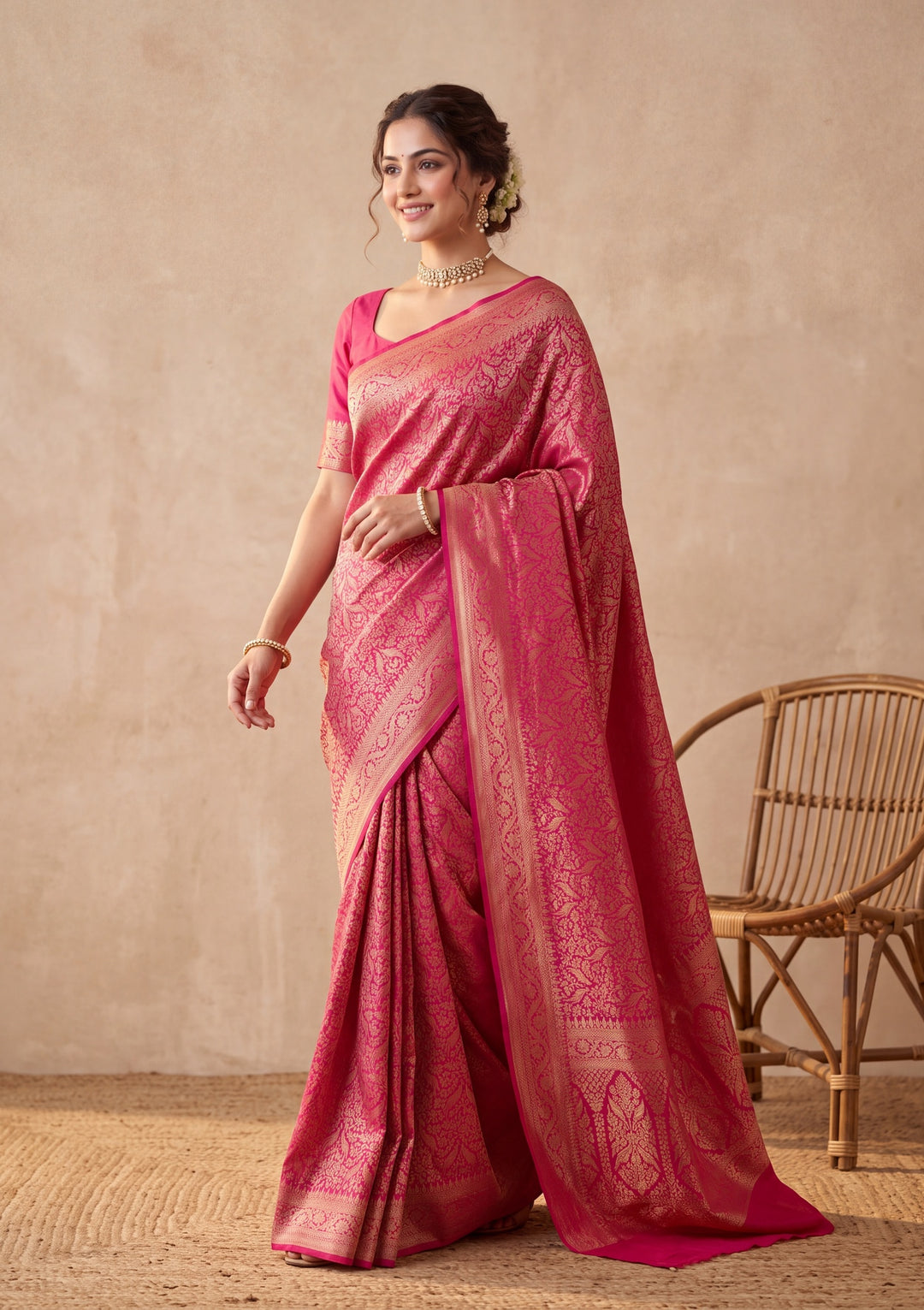 Rani Pink Silk Jaal Saree With Matching Blouse Piece
