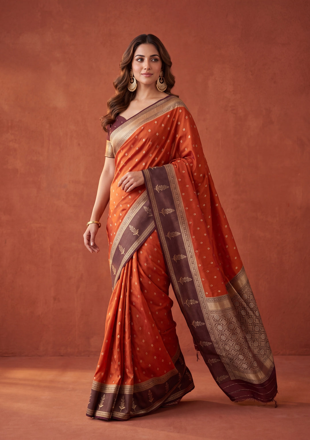 Rust Silk Buti Saree With Matching Blouse Piece