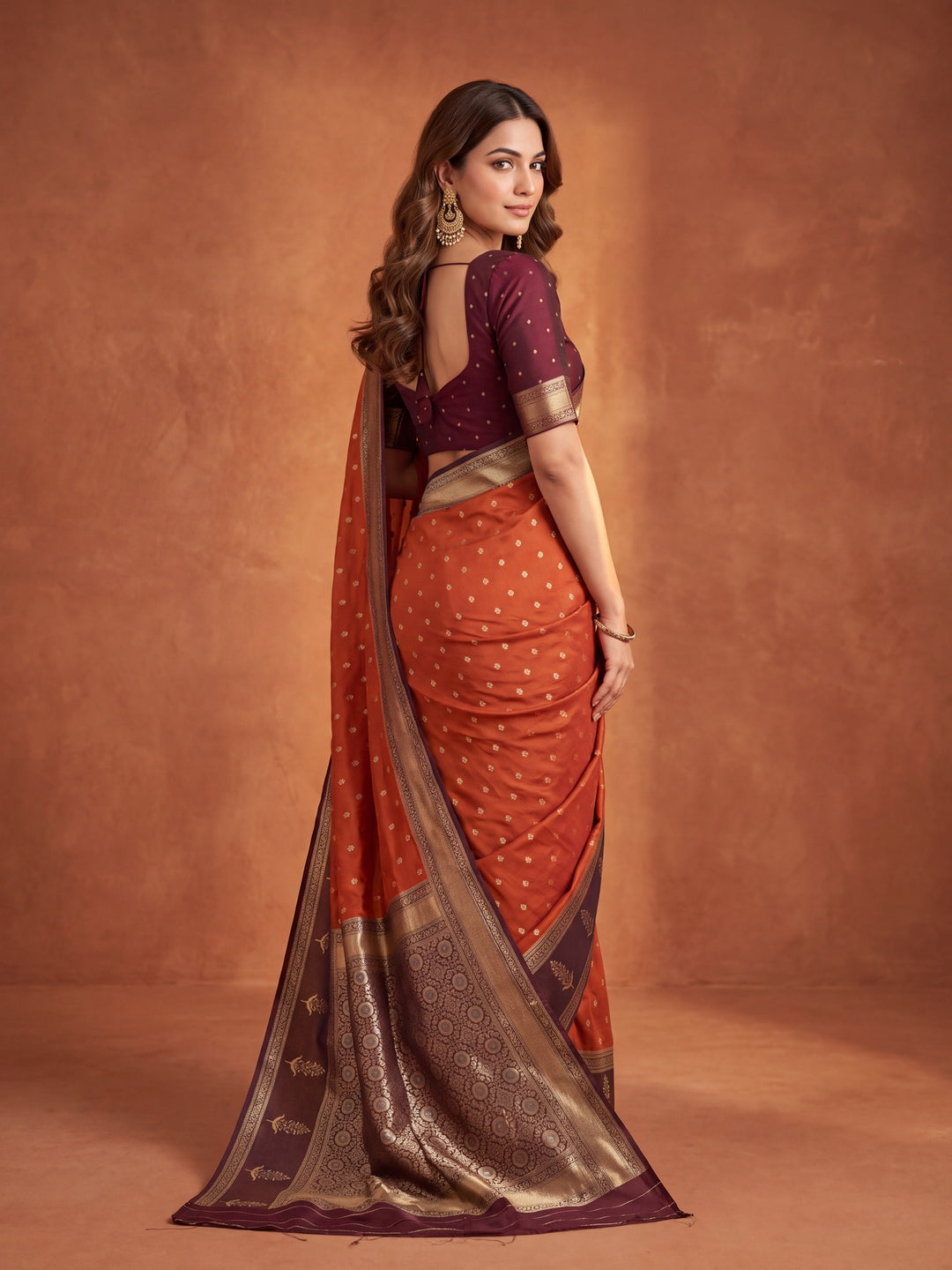 Rust Silk Buti Saree With Matching Blouse Piece