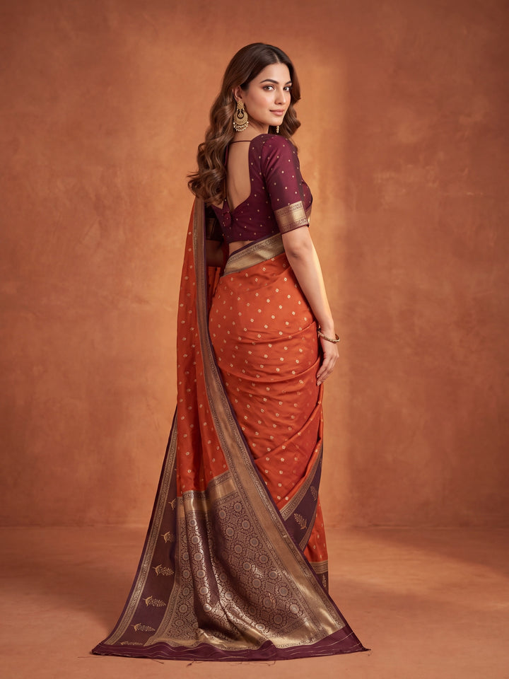 Rust Silk Buti Saree With Matching Blouse Piece