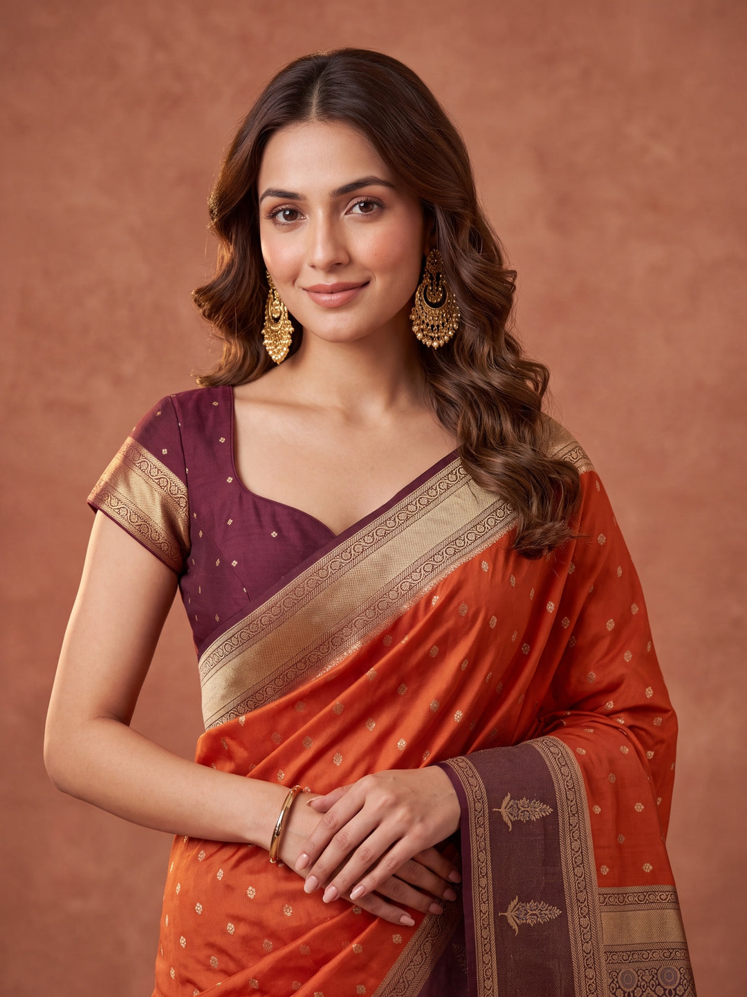 Rust Silk Buti Saree With Matching Blouse Piece