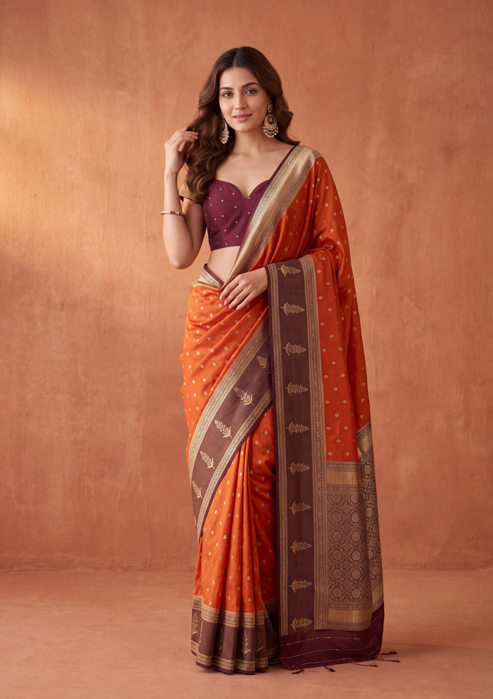 Rust Silk Buti Saree With Matching Blouse Piece