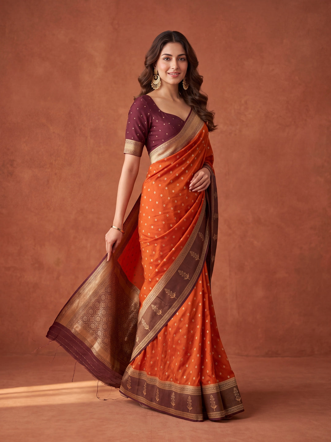 Rust Silk Buti Saree With Matching Blouse Piece
