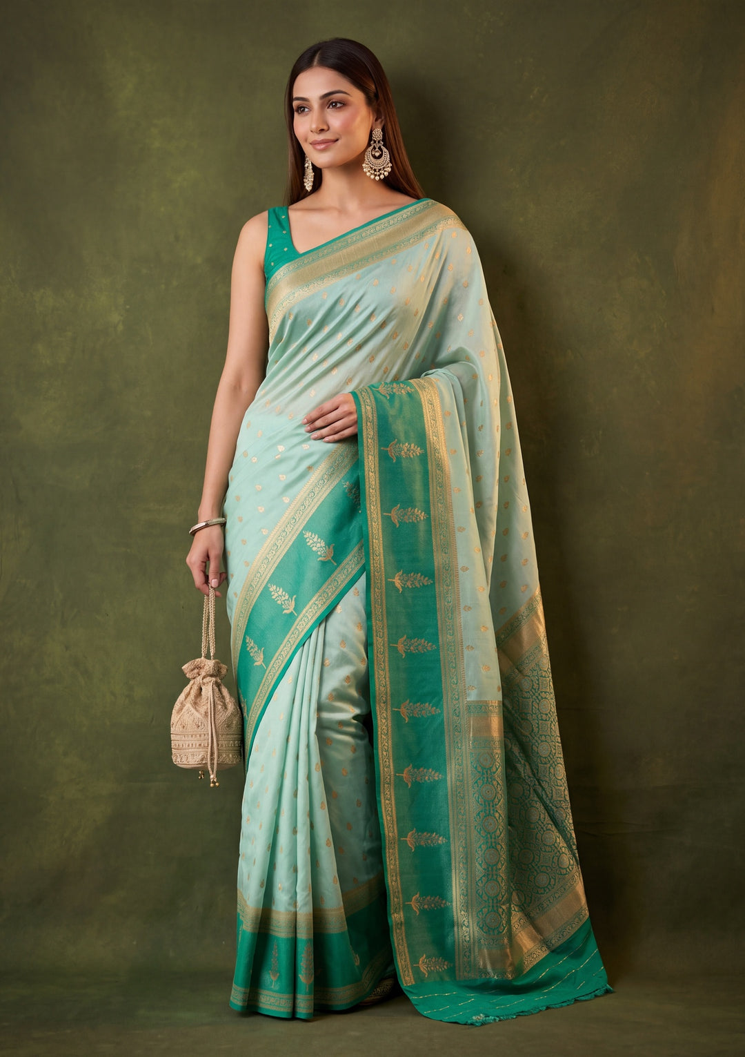 Sea Green Art Silk Buti Saree With Matching Blouse Piece
