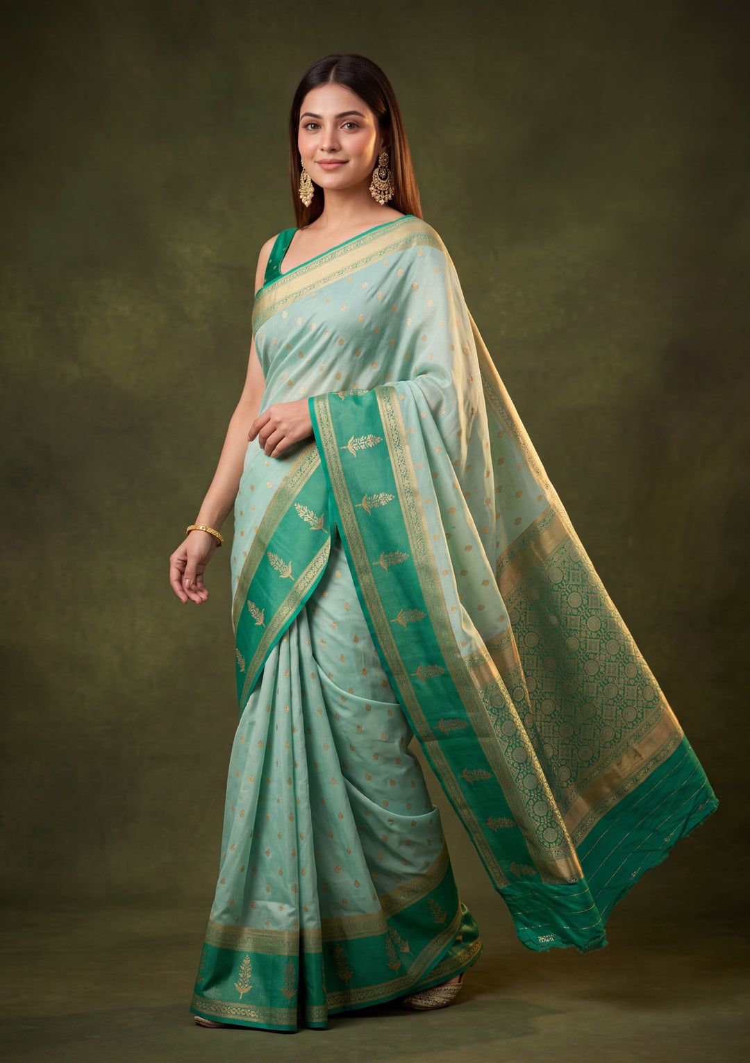 Sea Green Art Silk Buti Saree With Matching Blouse Piece
