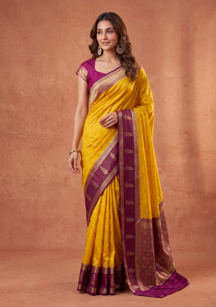 Yellow Silk Buti Saree With Matching Blouse Piece
