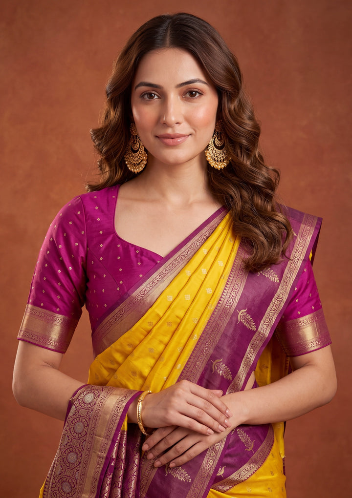 Yellow Silk Buti Saree With Matching Blouse Piece