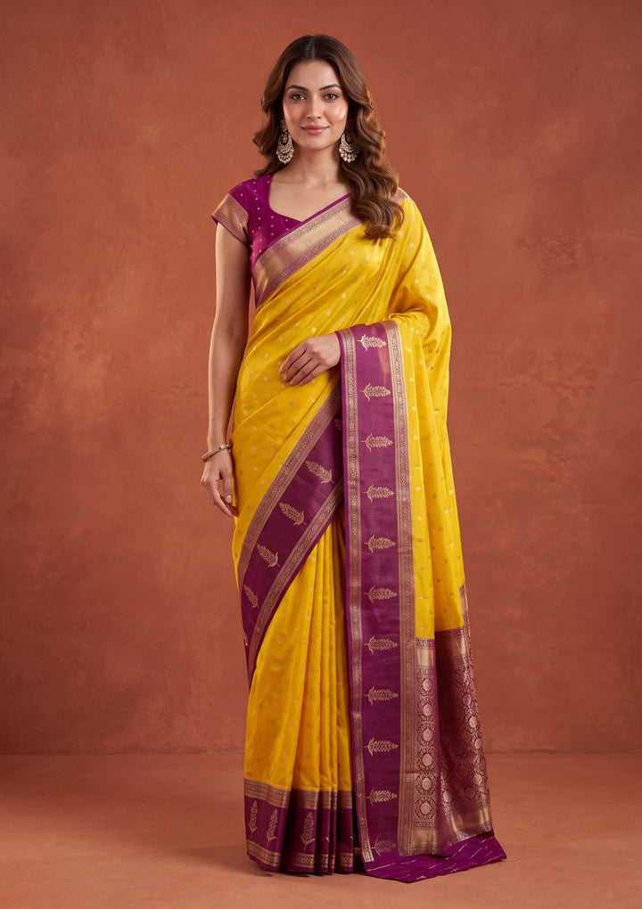 Yellow Silk Buti Saree With Matching Blouse Piece