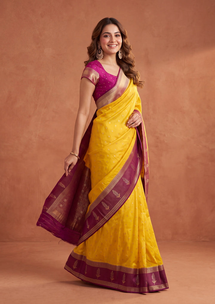 Yellow Silk Buti Saree With Matching Blouse Piece