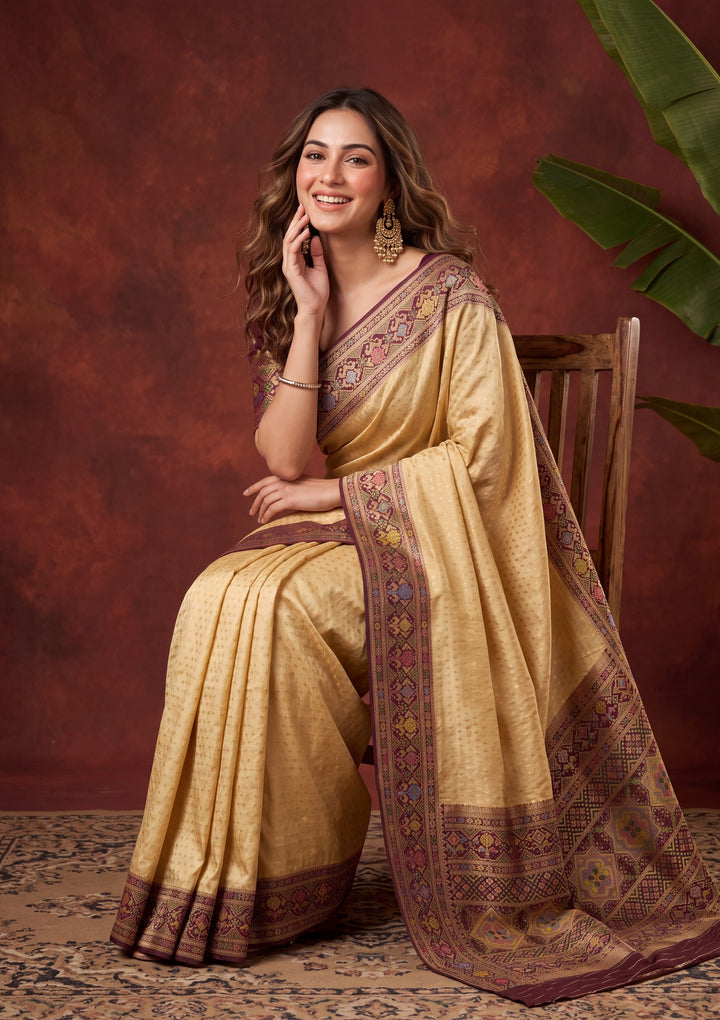 Gold Art Silk Banarasi Buti Saree With Matching Blouse Piece