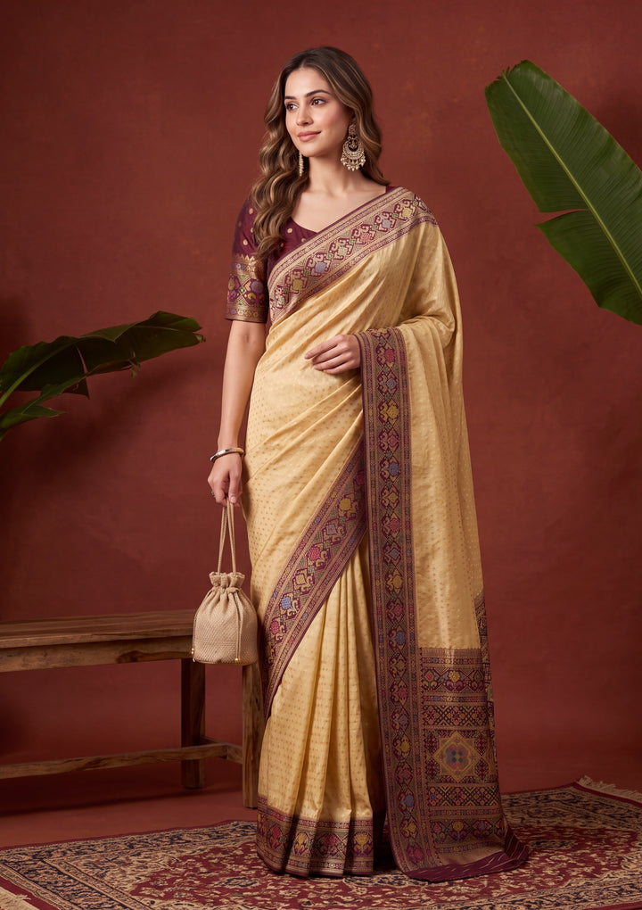 Gold Art Silk Banarasi Buti Saree With Matching Blouse Piece