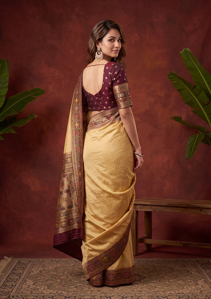 Gold Art Silk Banarasi Buti Saree With Matching Blouse Piece