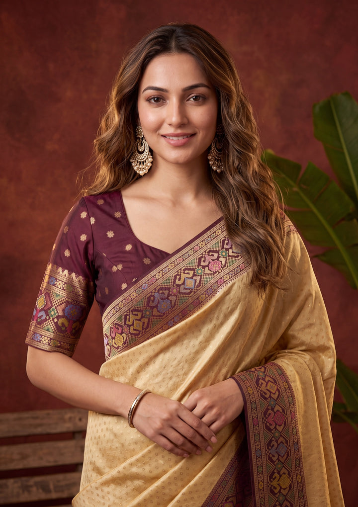 Gold Art Silk Banarasi Buti Saree With Matching Blouse Piece
