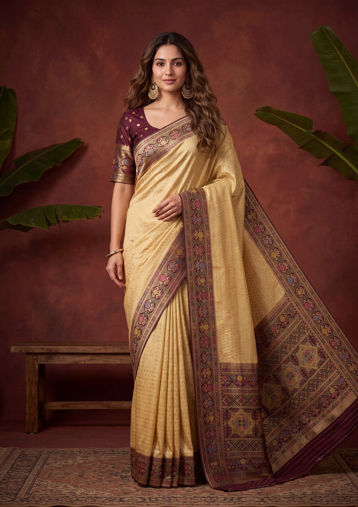 Gold Art Silk Banarasi Buti Saree With Matching Blouse Piece