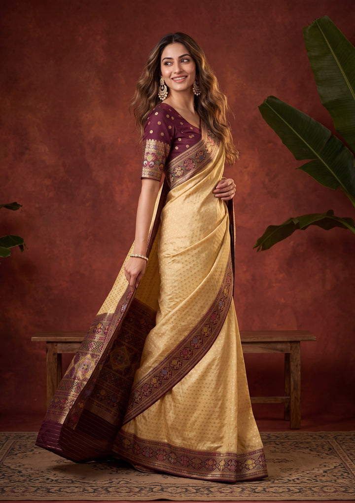 Gold Art Silk Banarasi Buti Saree With Matching Blouse Piece