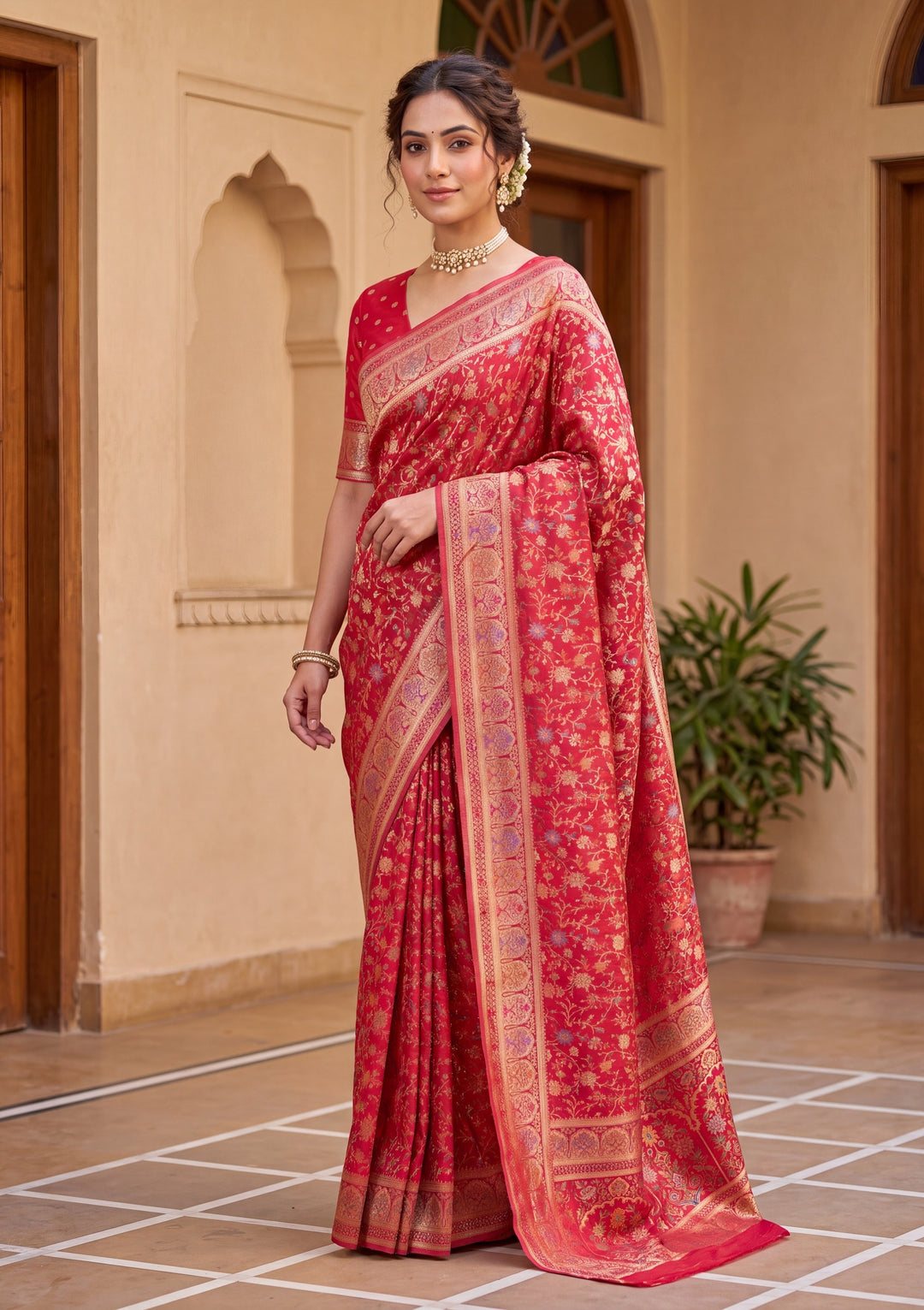 Red Banarasi Art Silk Saree With Matching Blouse Piece