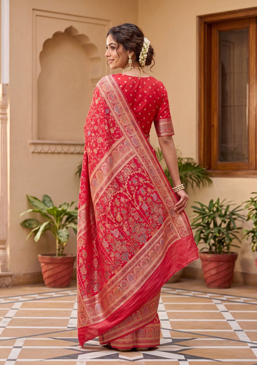 Red Banarasi Art Silk Saree With Matching Blouse Piece