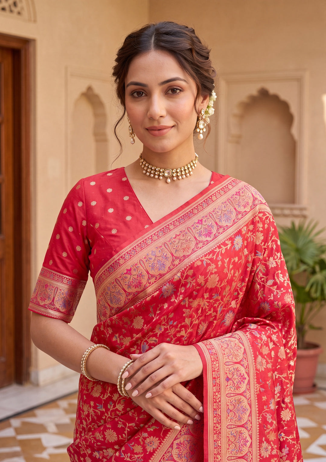 Red Banarasi Art Silk Saree With Matching Blouse Piece