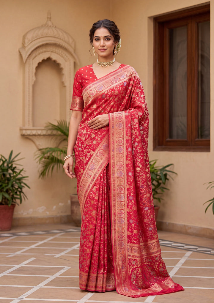 Red Banarasi Art Silk Saree With Matching Blouse Piece