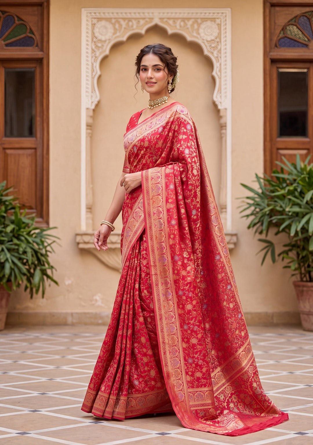 Red Banarasi Art Silk Saree With Matching Blouse Piece