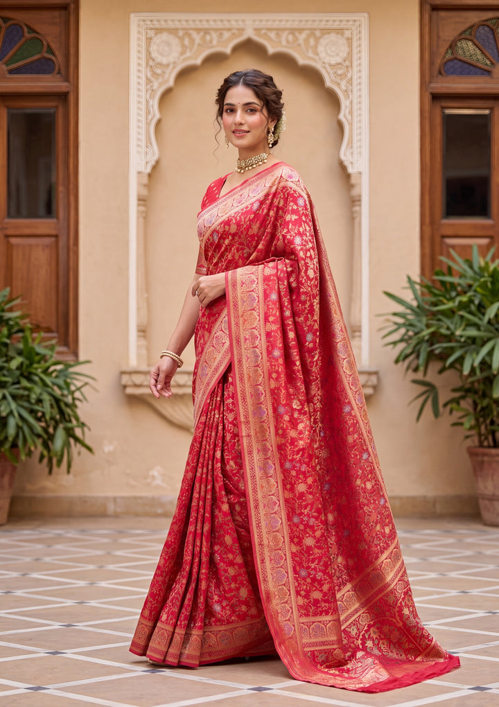 Red Banarasi Art Silk Saree With Matching Blouse Piece