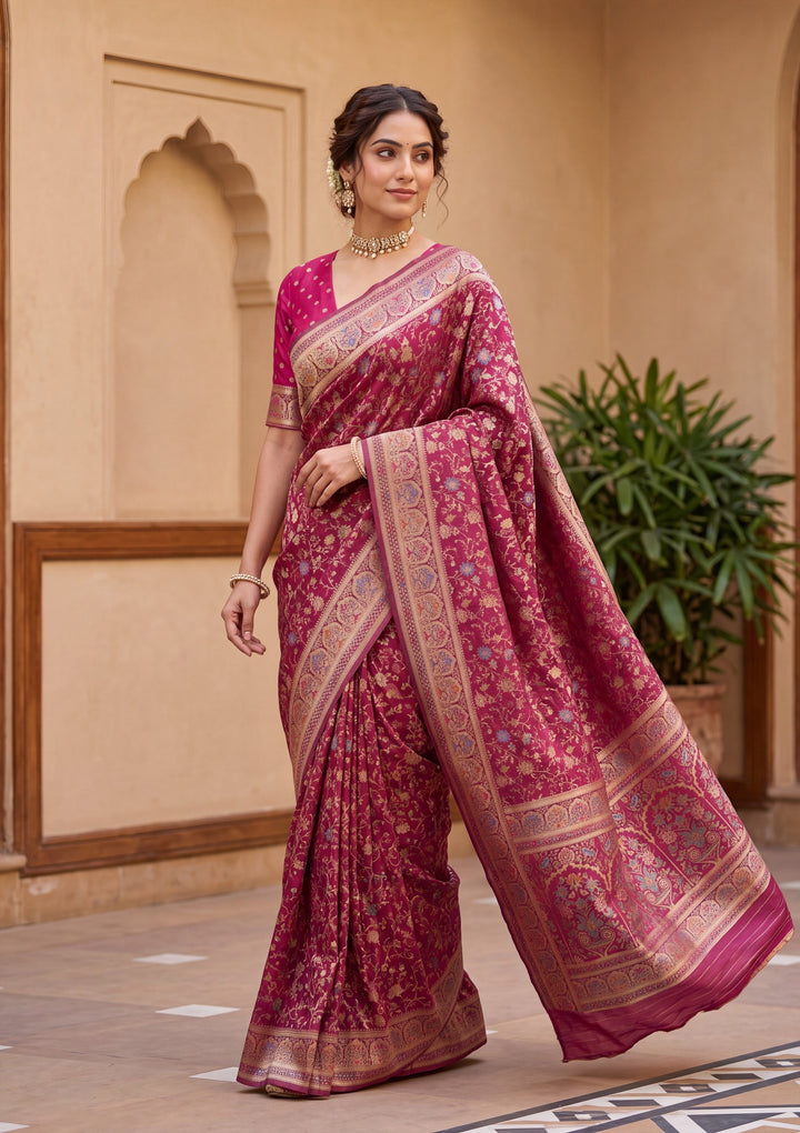 Wine Banarasi Art Silk Saree With Matching Blouse Piece