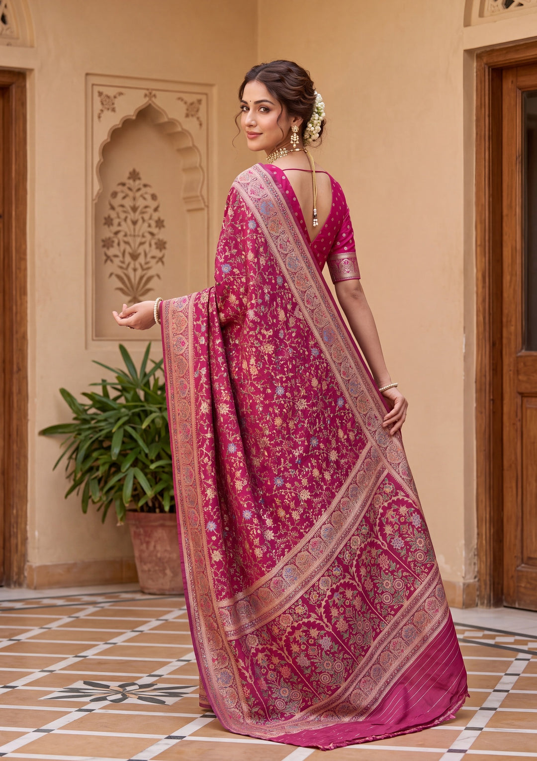 Wine Banarasi Art Silk Saree With Matching Blouse Piece